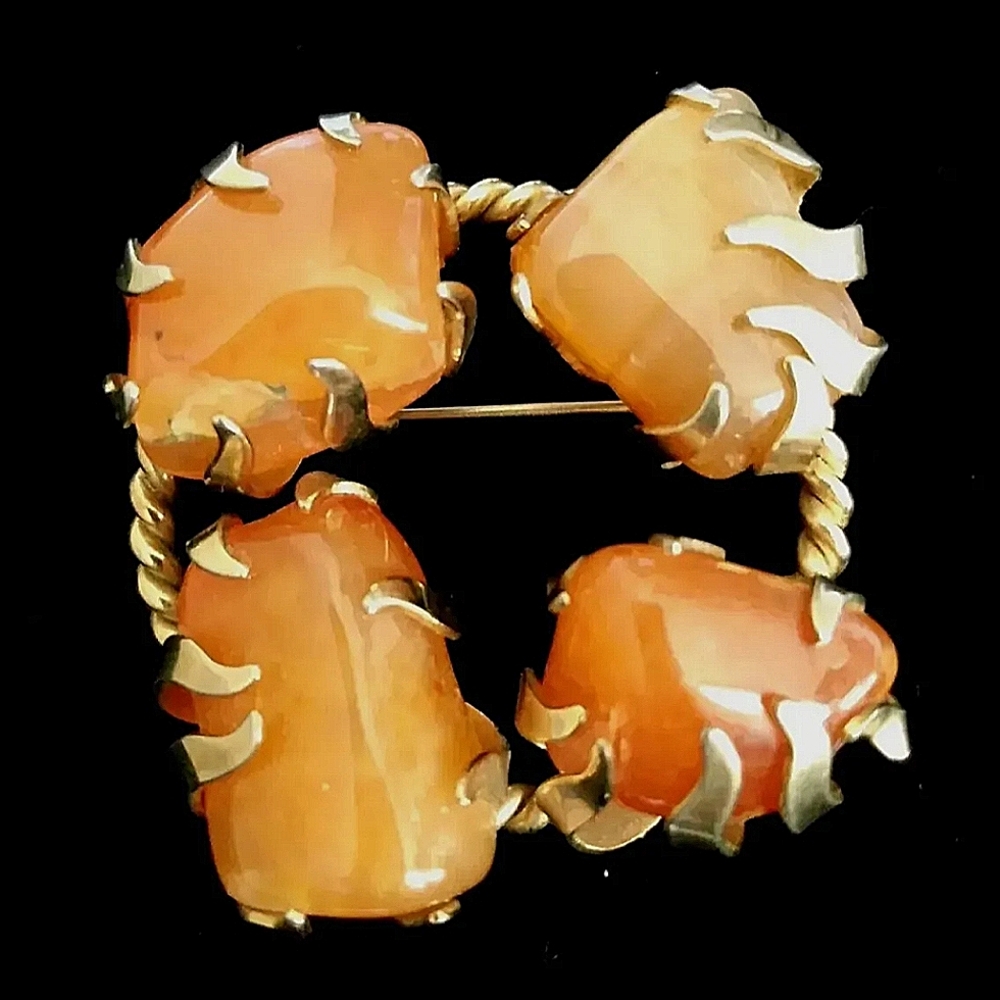 Vintage Marino TUMBLED AGATE brooch pin gold chunky round orange signed RARE